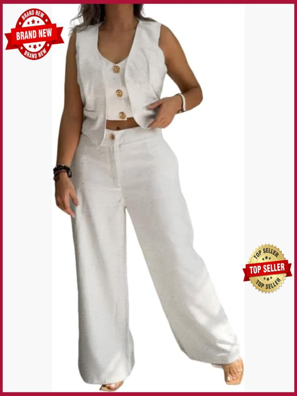 Summer 2 Piece Outfit V Neck Crop Tank Vest Wide Leg Linen Pants Set